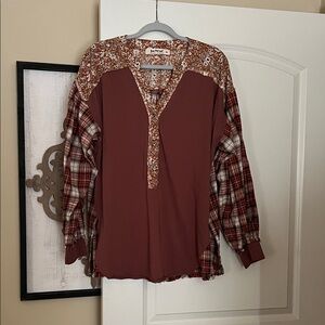 Three Bird Nest Brown and Red Plaid Tunic
